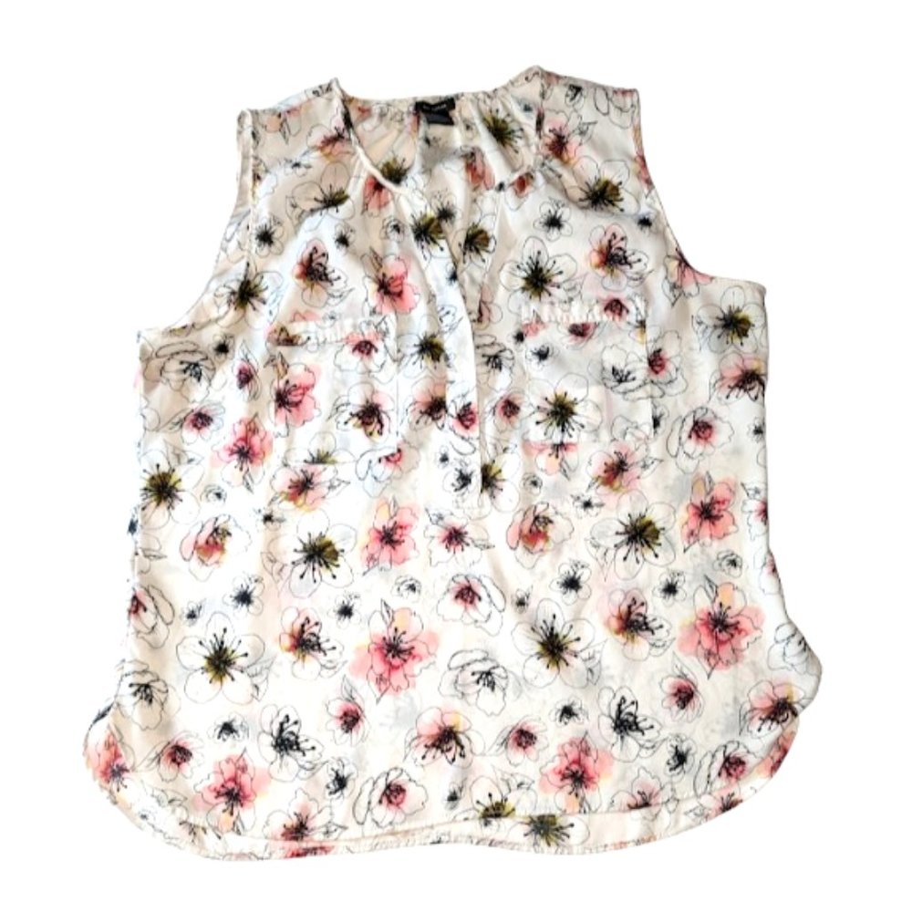 Ann Taylor Sleeveless Lightweight Floral Top Blouse Brown Pink Ivory Polyestr XL